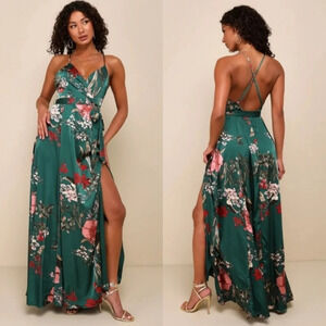 Lulus Still the One Emerald Green Floral Print Satin Maxi Dress Wedding Party